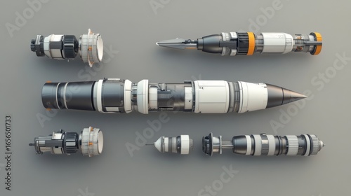 Futuristic rocket parts, various sizes, on a plain background