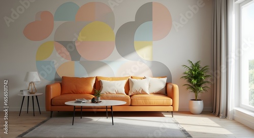 Diseño interior de la sala de estar moderna con papel tapiz geométrico colorido