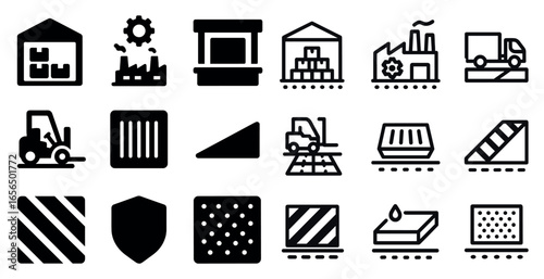 Warehouse and logistics solid icons set – filled, inventory and shipping symbols