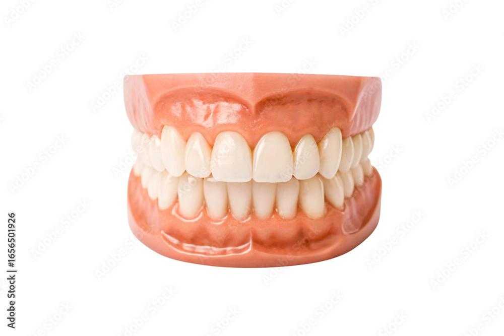 Obraz premium Complete dental model showing upper and lower teeth in perfect alignment with pink gums, isolated on a transparent background