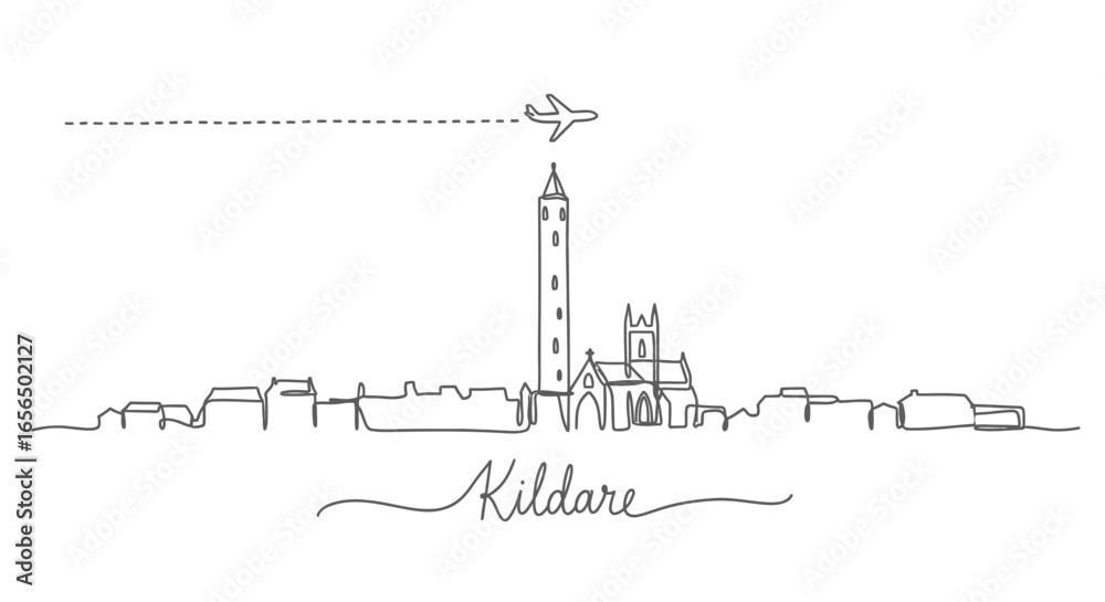 Obraz premium Kildare Ireland skyline line art with Airplane.