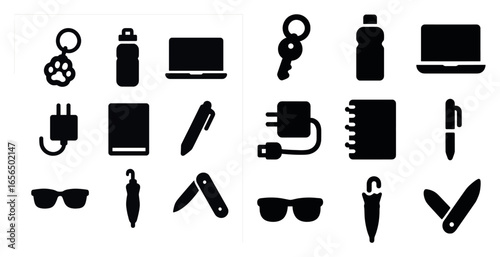 Everyday essentials silhouette icons set – solid, outline, daily and routine items