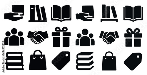Library and community solid icons set – filled, book, education and people symbols