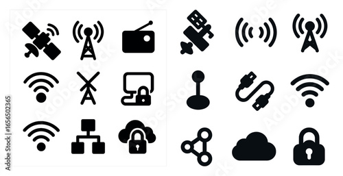 Communication and technology silhouette icons set – wireless, network, connectivity symbols