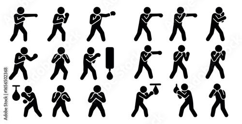 Boxing silhouette icons set – filled, solid, fitness and training symbols