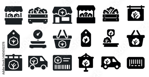 Farmers market solid icons set – flat, filled, produce and organic symbols