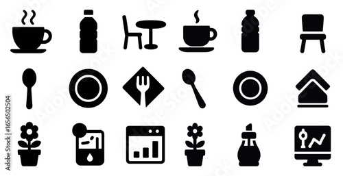 Dining and cafe silhouette icons set – solid, flat, restaurant and beverage symbols