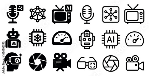 Ai technology solid icons set – filled, robotic, digital innovation symbols