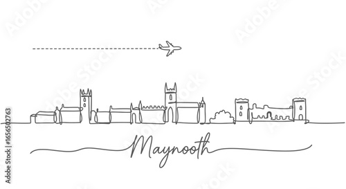 Maynooth Skyline One Line Art with Ireland, and Plane.