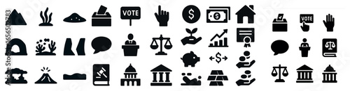 Politics and law solid icons set – silhouette, legal, government symbols