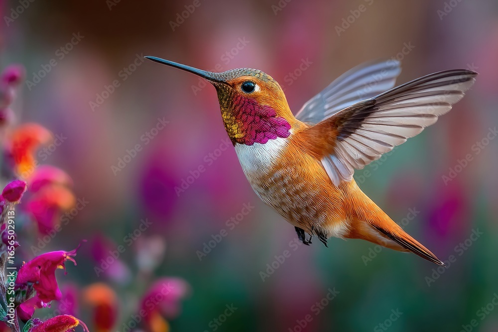 Obraz premium Colorful hummingbird in flight amongst vibrant flowers