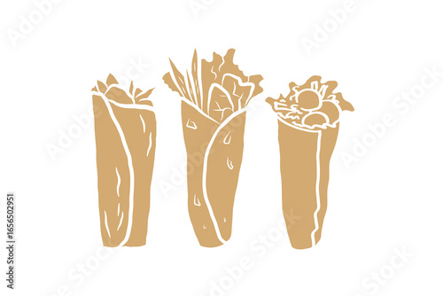 Shawarma sketch on isolated background. Vegetarian sandwich vector illustration. Traditional Fast Food, wrapped in flatbread, meat, vegetables, falafel, salad. Design for logo, label, wrapping, card