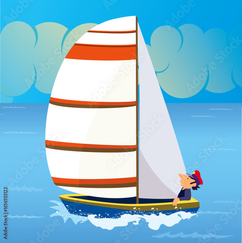 Sailor with captain’s hat steering sailboat on deep sea with waves and clouded sky – nautical lifestyle and maritime adventure