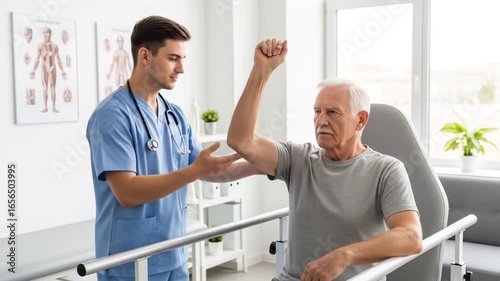 Senior Man Doing Physical Therapy With a Therapist in Blue Uniform at Clinic During Sunny Day