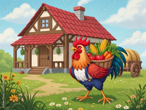 A vibrant rooster standing with a basket of fresh vegetables in a rustic farm scene. The image showcases agricultural lifestyle, healthy food, and the charm of a well-maintained countryside setting.