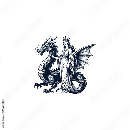 Engraving logo illustration featuring a graceful goddess standing beside a mighty dragon