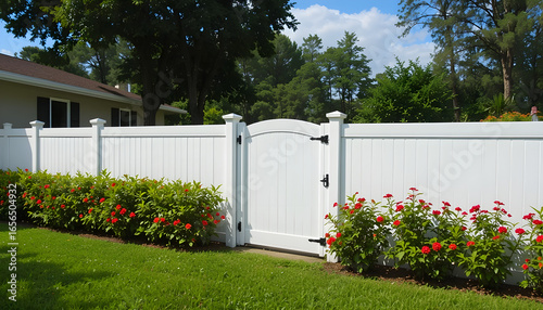Clean white vinyl fence with gate borders tranquil residential yard in sunny Florida. Rich green vegetation, vibrant red flowers frame scene. Fence offers privacy, security, creating peaceful
