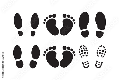 Human footprints vector set. footsteps icon collection. black footprint and shoe print icons on a white background. Victor illustration eps10