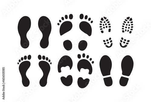 Human footprints vector set. footsteps icon collection. black footprint and shoe print icons on a white background. Victor illustration eps10