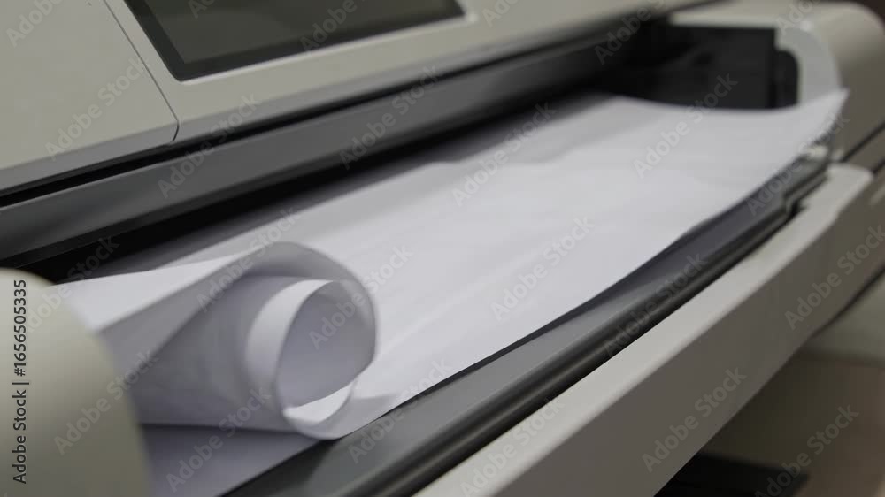 Closeup View of Paper Curling from a Printer, Focusing on the Process in a Modern Office Environment with a Detailed Look at the Machinery Closeup View of Paper Curling from a Printer, Focusing on the Process in a Modern Office Environment with a Detailed Look at the Machinery