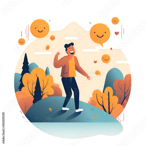 Joyful Man in Autumn Landscape. Happiness and Positive Emotions