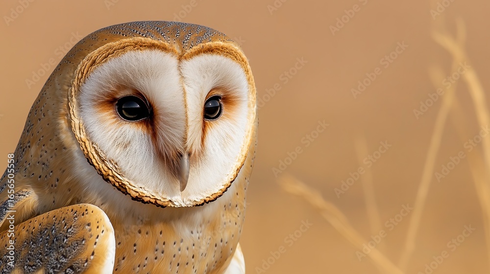Fototapeta premium Barn owl perched on a branch (for wildlife popularization, nature - themed design, ecological promotion, etc.)