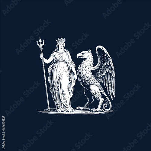 Goddess standing beside griffon design engraving vector illustration