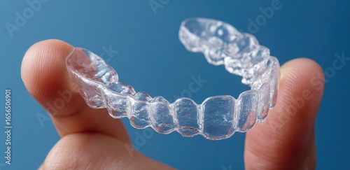 Clear plastic teeth aligner held by a finger