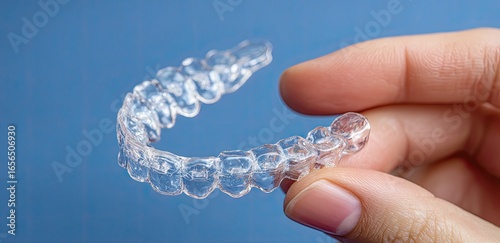 Clear plastic dental aligners held in a hand against a blue background