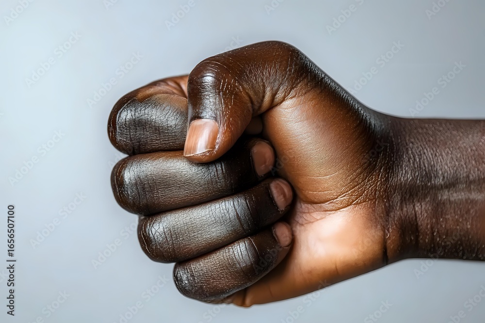 Obraz premium Close-up of African American male fist against light background showing strength, power, and determination, representing unity, protest or resilience.