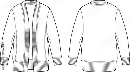 Stylish Women's Open-Front Cardigan CAD Drawing Flat Vector Illustration, Fashion Apparel Template for Design and Production, Autumn/Winter Knitwear Essential