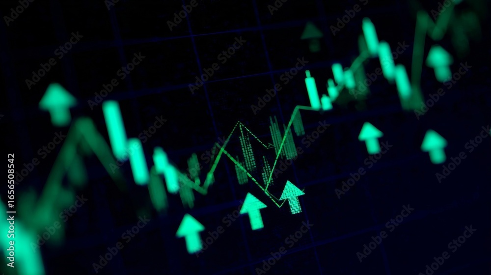 Fototapeta premium Financial candlestick chart with green upward arrows showing stock market performance,