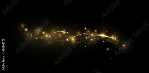 Golden curved light line.Confetti sparkles in a wave. Sparkling magical dust particles.golden stars shine with special light. Magical shining gold dust.