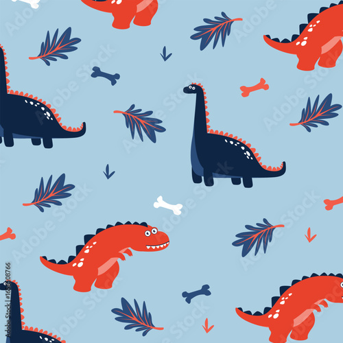 dinosaur brontosaurus and t-rex seamless pattern vector cartoon for kids apparel fullprint fabric
