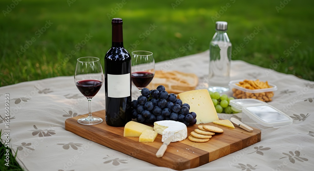 Naklejka premium Cheese and Wine Platter with Grapes and Snacks on Outdoor Table in Park