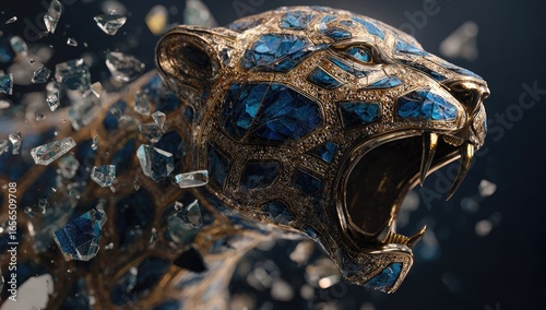 Close-up of a sculpted jaguar head, adorned with blue gems and gold, amidst shattered glass