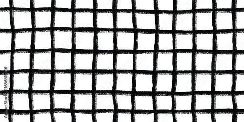 Seamless textured pattern square grid, black and white ornament of lines and squares. Pencil or crayons drawing. Vector illustration.