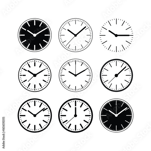 Collection of nine vintage style analog clocks showing different times