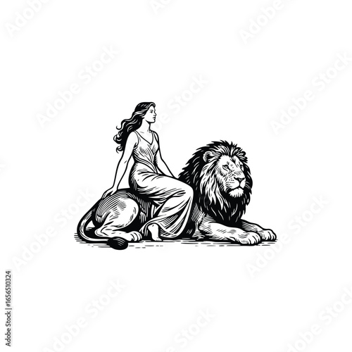 Elegant woman sitting gracefully on a mighty lion lying down, engraving logo design illustration