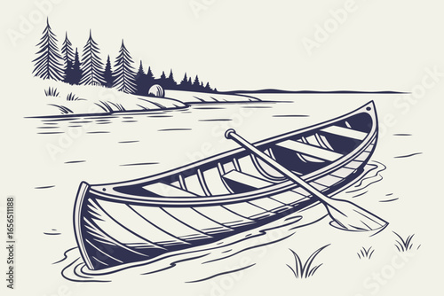 Canoe with paddle floating on water near forest shore