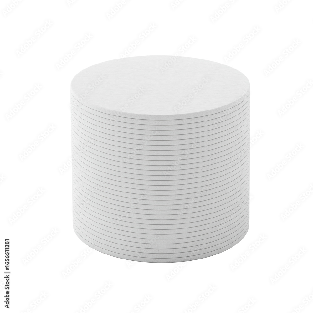 Obraz premium Perfectly aligned cylindrical stack of 10-15 pristine, round, white, plain disposable paper coasters on a seamless transparent background with zero shadows, pure product display concept