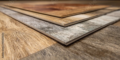 Close-up view of various wood-look laminate flooring samples