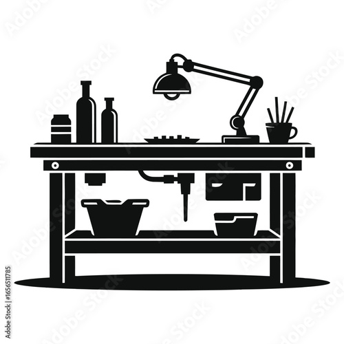 Black Silhouette of Crafting Workbench with Desk Lamp, Tools, Bottles, and Containers, DIY Workshop Table Vector Illustration for Handmade, Art, and Repair Projects