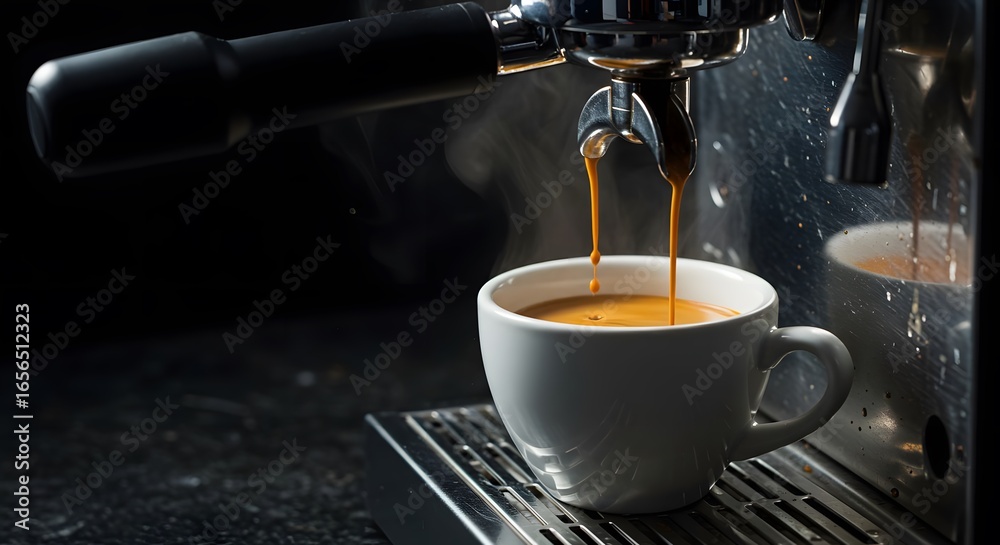 Fototapeta premium Fresh Coffee Being Brewed in White Mug Under Espresso Machine