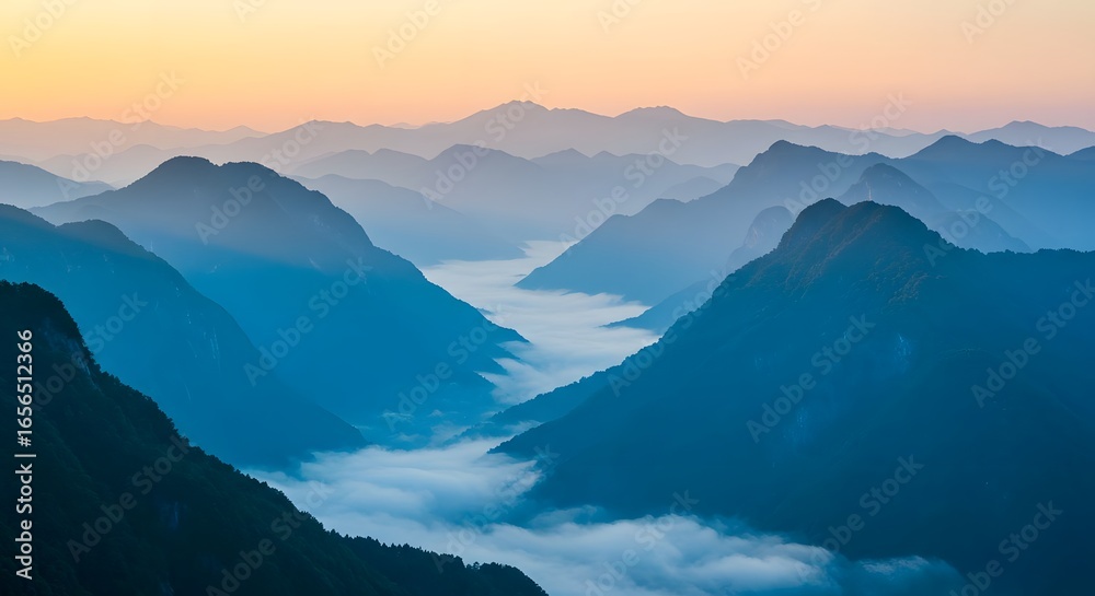 Fototapeta premium Majestic Mountain Landscape with Blue Hues and Misty Valleys at Sunrise