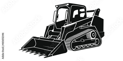 Black Silhouette of Tracked Skid Steer Loader with Bucket Attachment, Heavy Construction Equipment Vector Illustration for Excavation, Landscaping, and Industrial Work