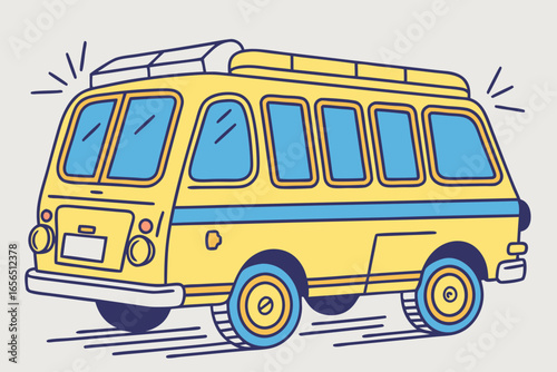 Yellow minibus with blue accents driving on a road