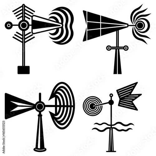 Illustration of four unique weather vanes with varying designs in black and white style drawing art