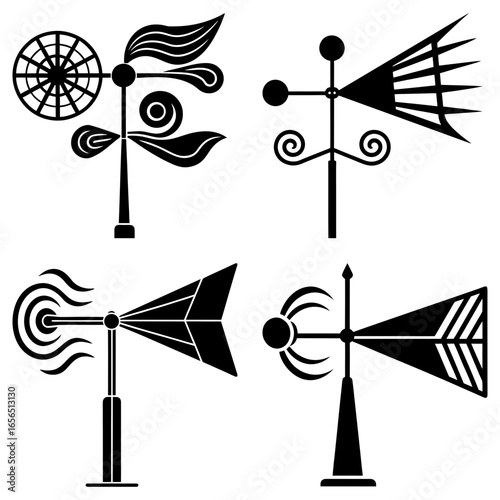 Illustration of four different weather vanes with unique designs in a black and white graphic style
