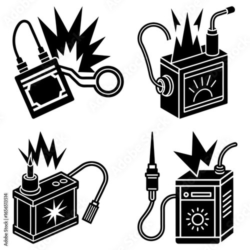 Four black and white illustrations of welding machines with sparks and cables in a vector format